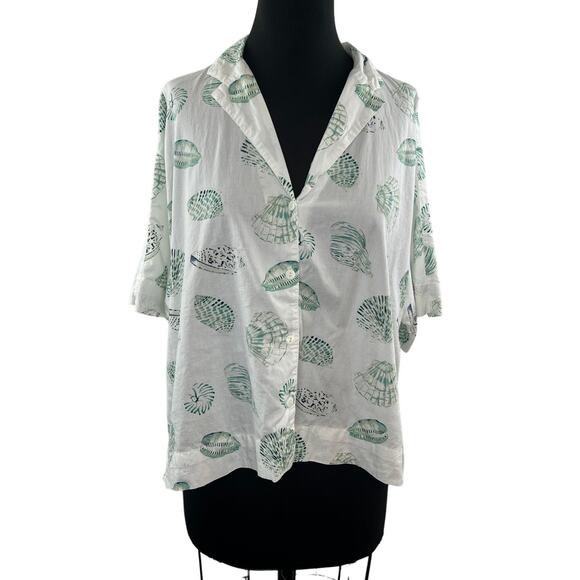 PIYAMA White Green Seashell Button Down Shirt Top Cotton Short Sleeves Size M/L - Picture 1 of 8